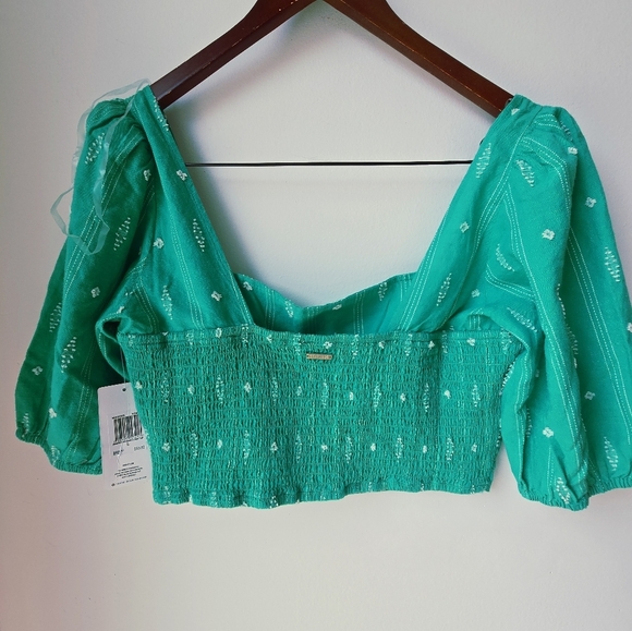 HURLEY Set Crop Top Blouse Puff Sleeve Mini Skirt Cotton Green Size L - Picture 10 of 11